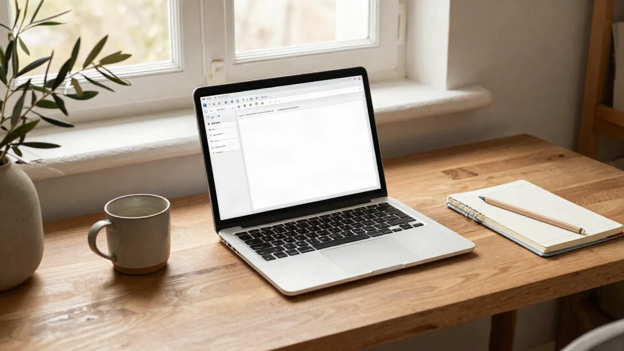 Bureau d'écrivain avec un ordinateur portable ouvert sur un éditeur de blog WordPress blanc