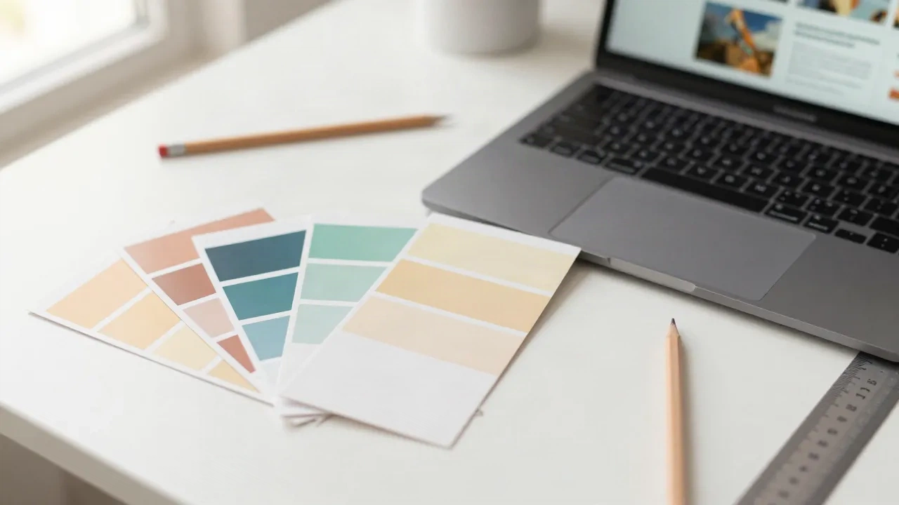Fanned paper color swatch cards in teal, terracotta and cream on a desk beside a laptop