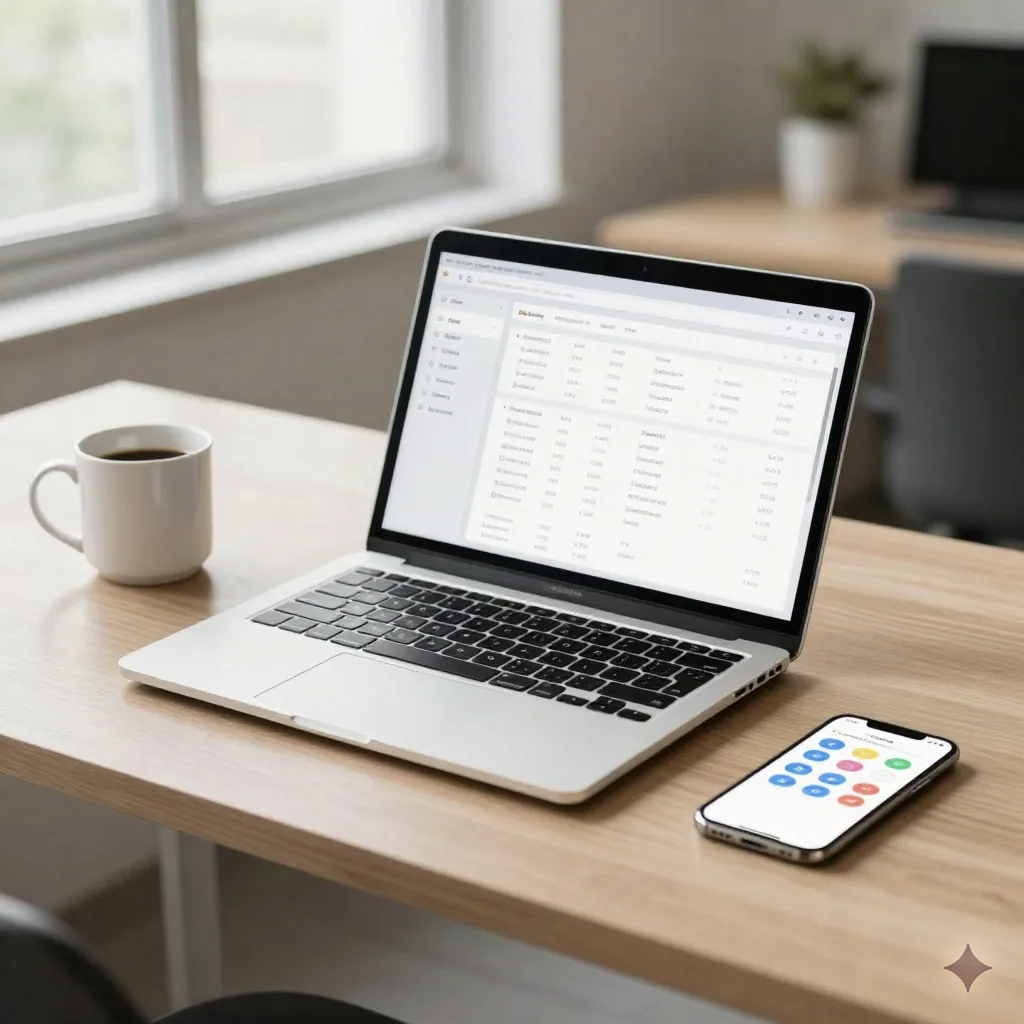 Modern office desk with laptop dashboard and smartphone showing notification system in production