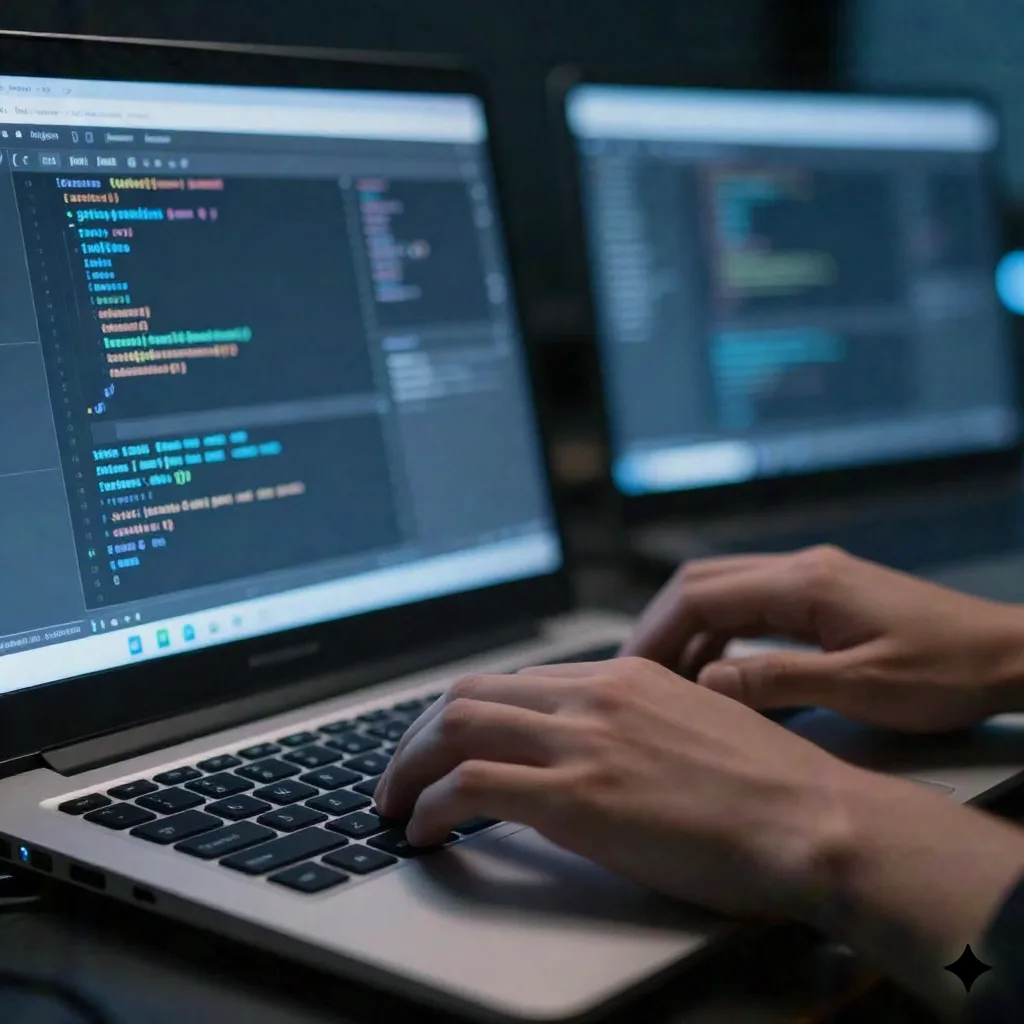 Developer hands at keyboard with terminal windows showing AI agent workflow logs