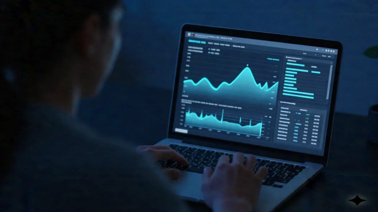 Developer reviewing an email lifecycle analytics dashboard on a laptop at night