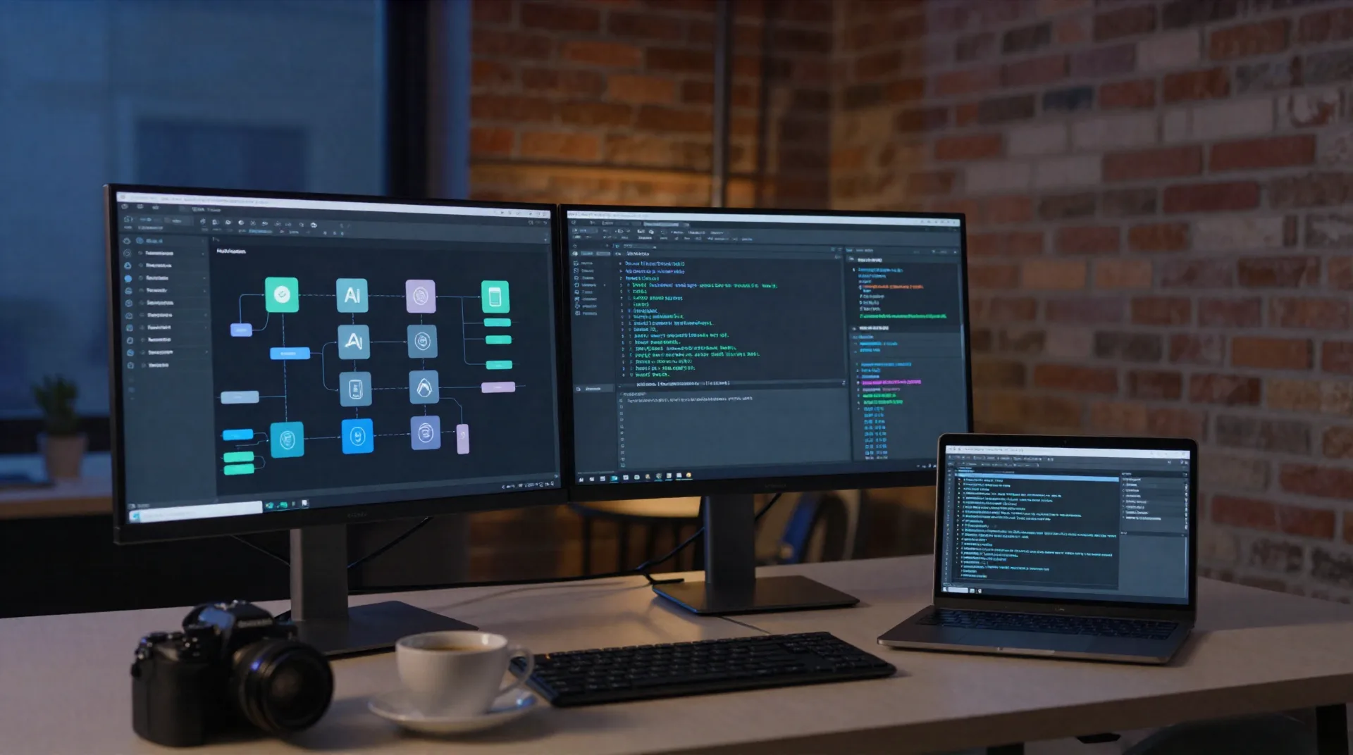 Interfaccia di workflow builder in dark mode su monitor dual con grafo di nodi di agenti IA, postazione di lavoro al tramonto