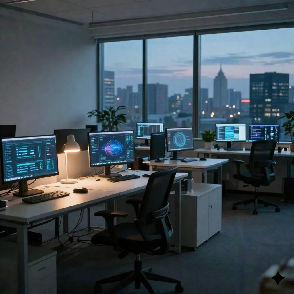 Wide shot of an empty engineering office at dusk with monitors glowing, desk lamp on, empty chair