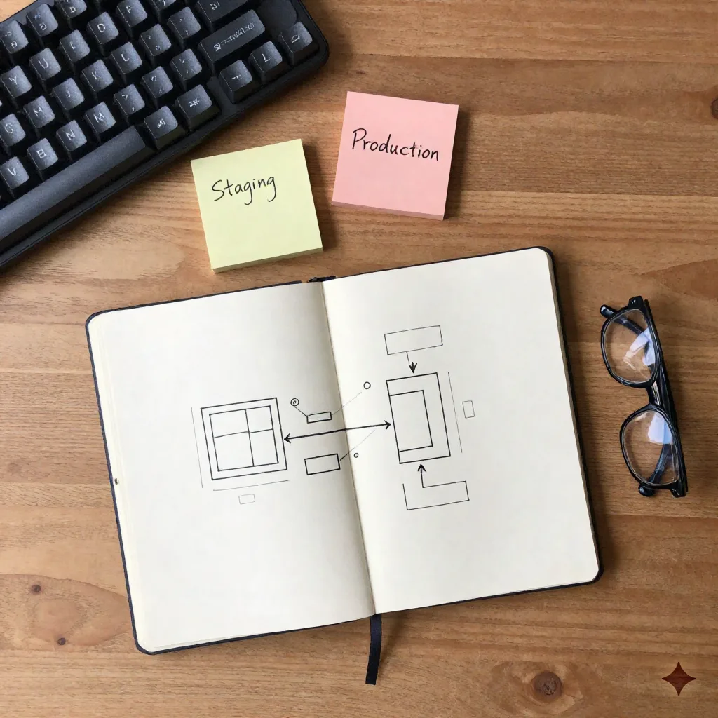 Overhead flat-lay of a desk with a hand-drawn architecture diagram and sticky notes labeled staging and production