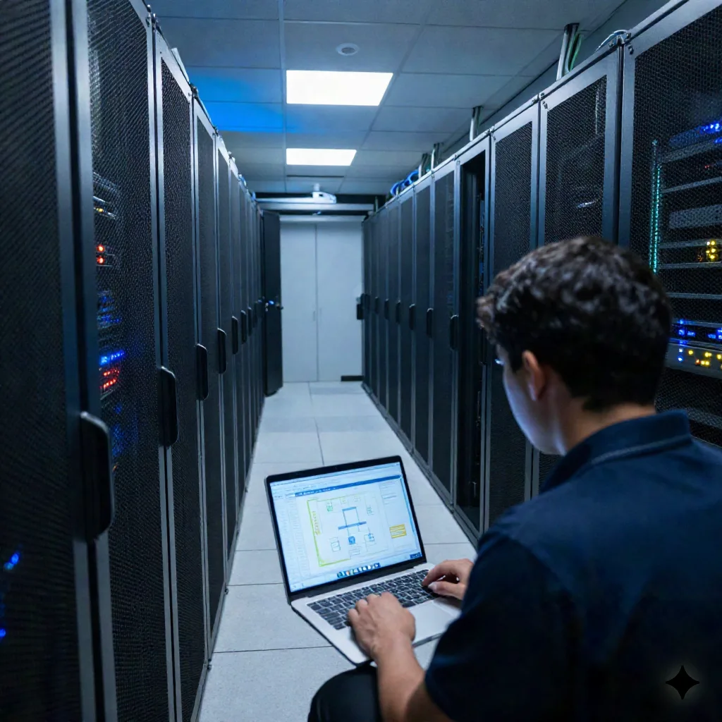 Engineer reviewing an infrastructure change plan on a laptop inside a small server room