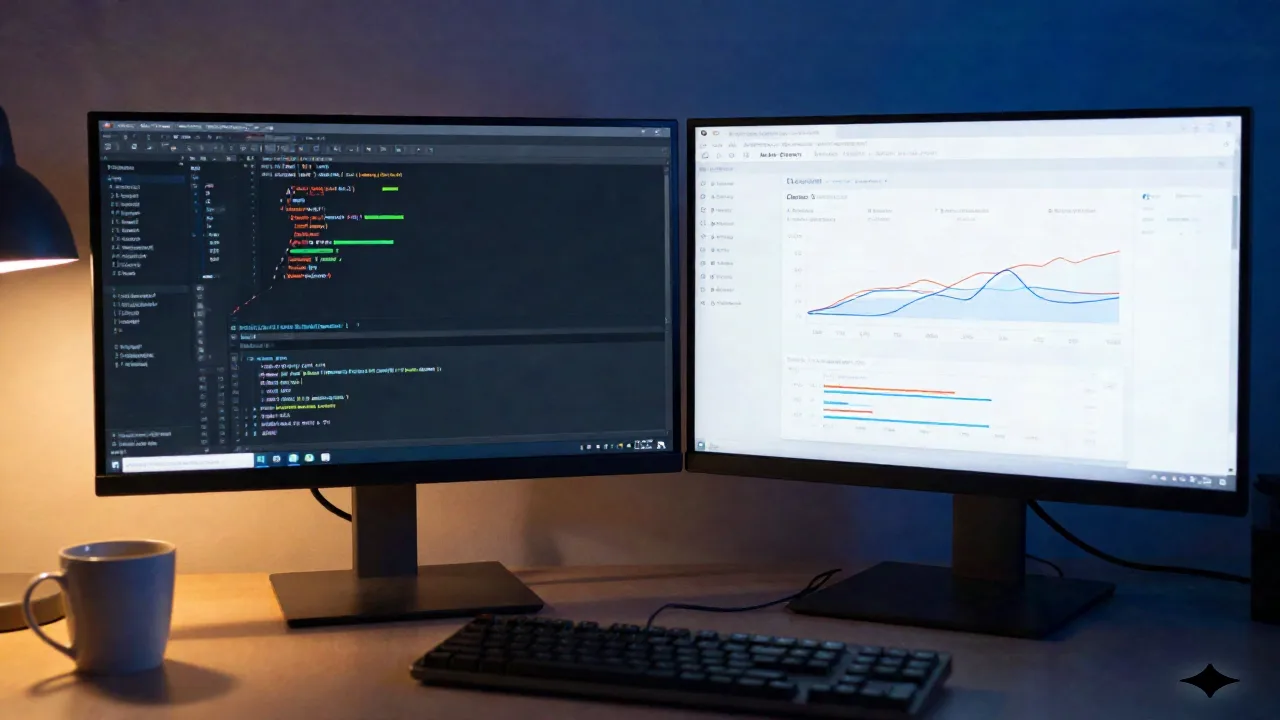 Split monitor setup at night showing a code diff on one screen and an email delivery trace dashboard on the other