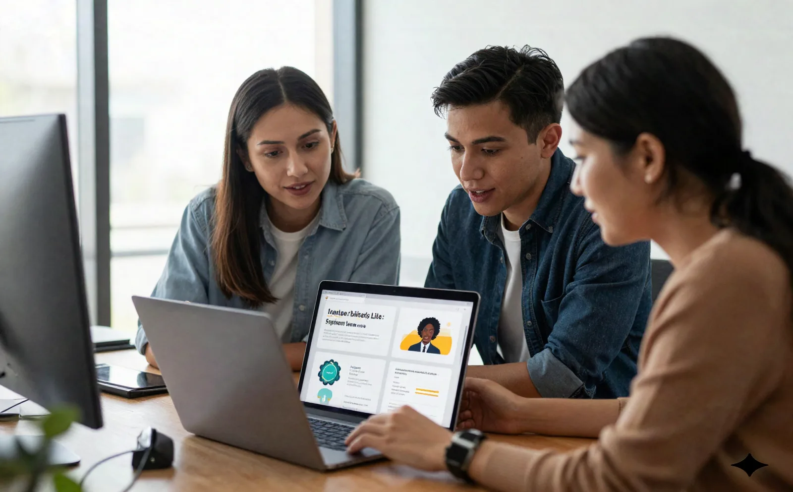 Marketing team reviewing an AI-generated slide deck and design mockups together in an office