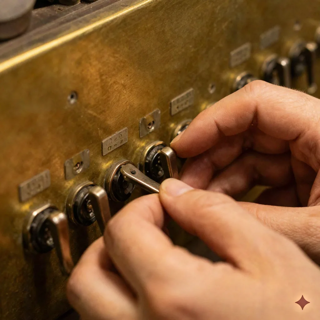 Close-up of a hand adjusting a mechanical relay panel, industrial metaphor for automated routing and triggers