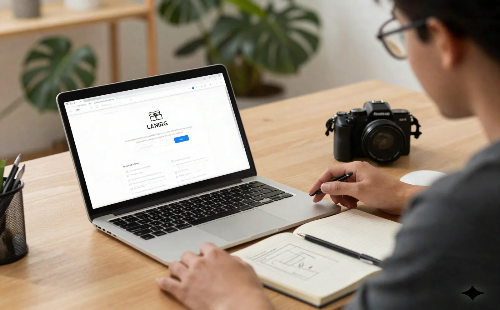 Solo founder reviewing an AI-generated website mockup on a laptop at a home desk