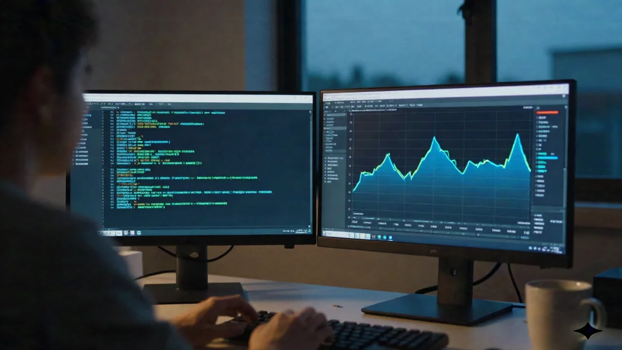 Biurko inżyniera o zmroku z logami trace terminala i wykresem dashboard'a na dwóch monitorach