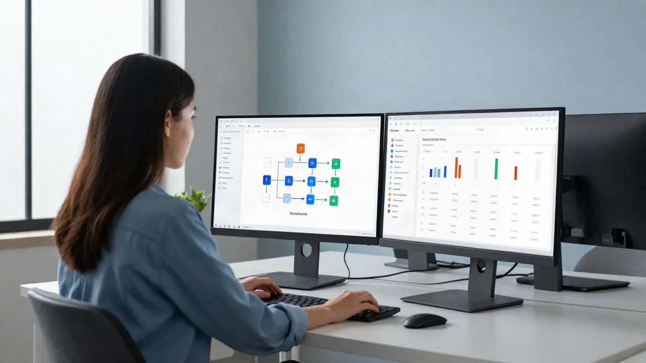 A marketing professional working at a dual-monitor desk with email lifecycle flow and performance analytics dashboards