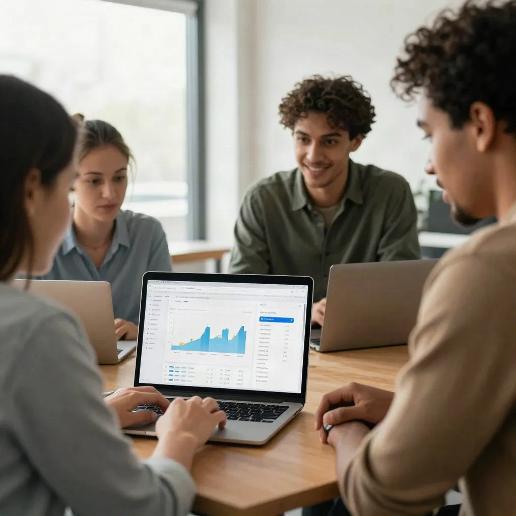 Marketing team reviewing email performance metrics and cohort behavioral data on a shared laptop in a modern office