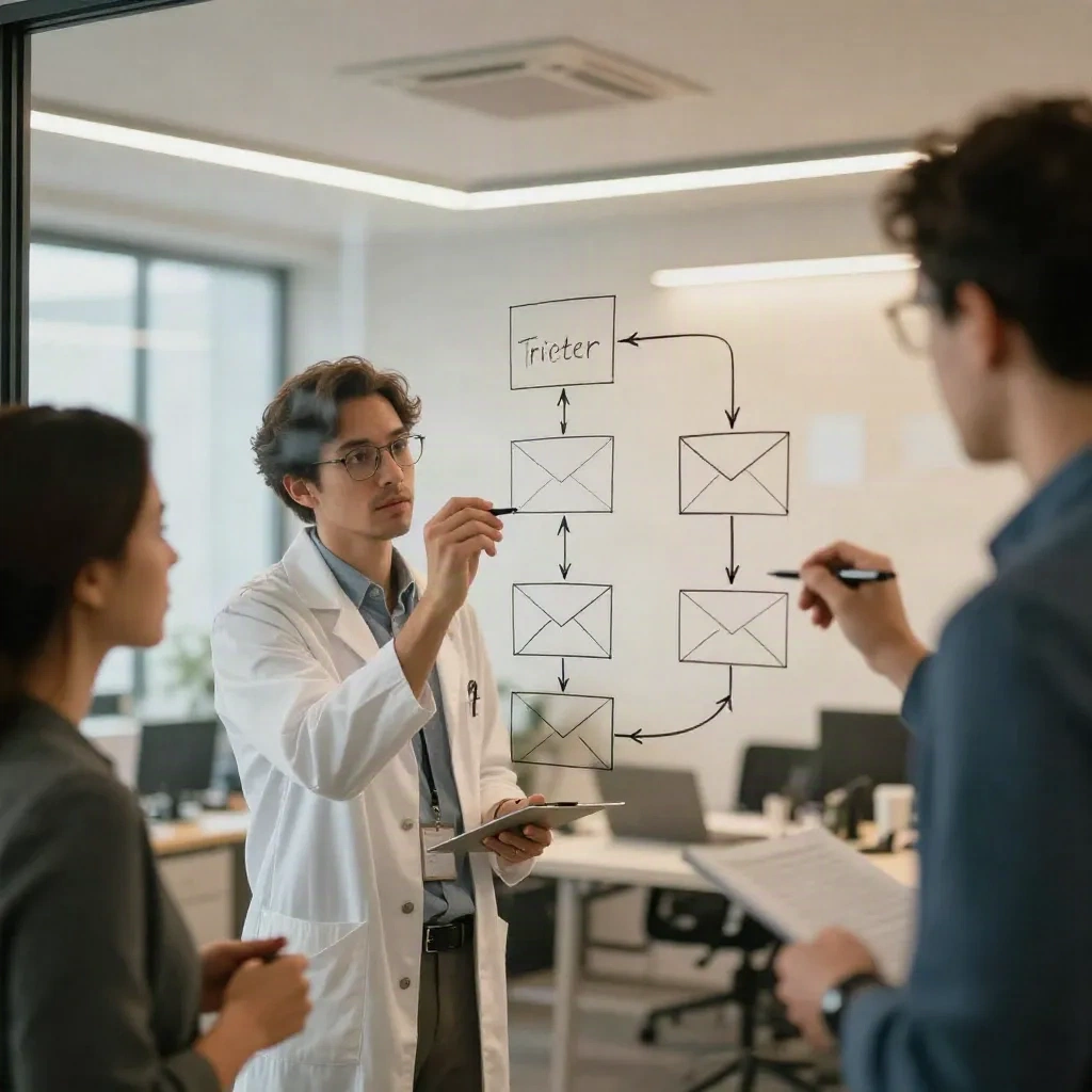 Growth engineer and product manager whiteboarding a behavioral email trigger architecture on a glass office wall