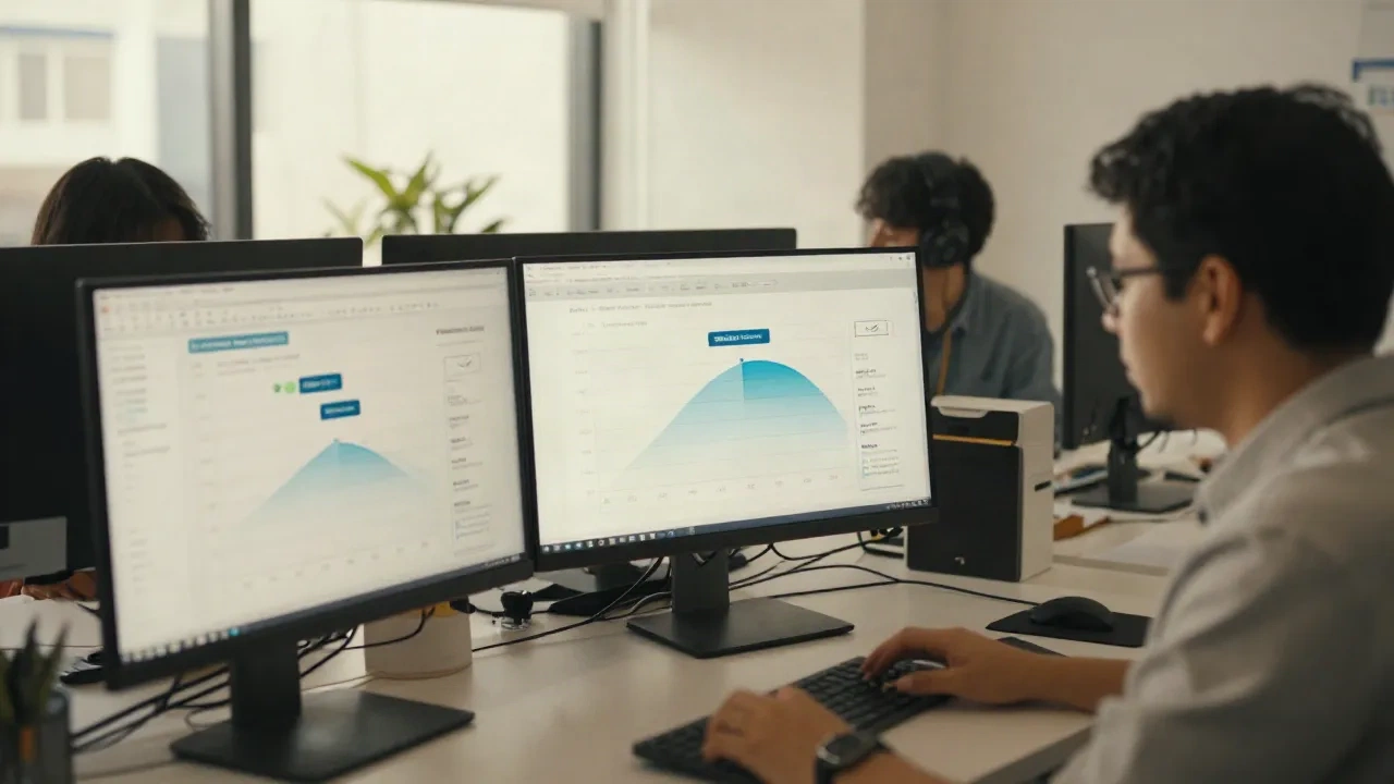 Data engineers reviewing email lifecycle performance dashboards in a modern tech office