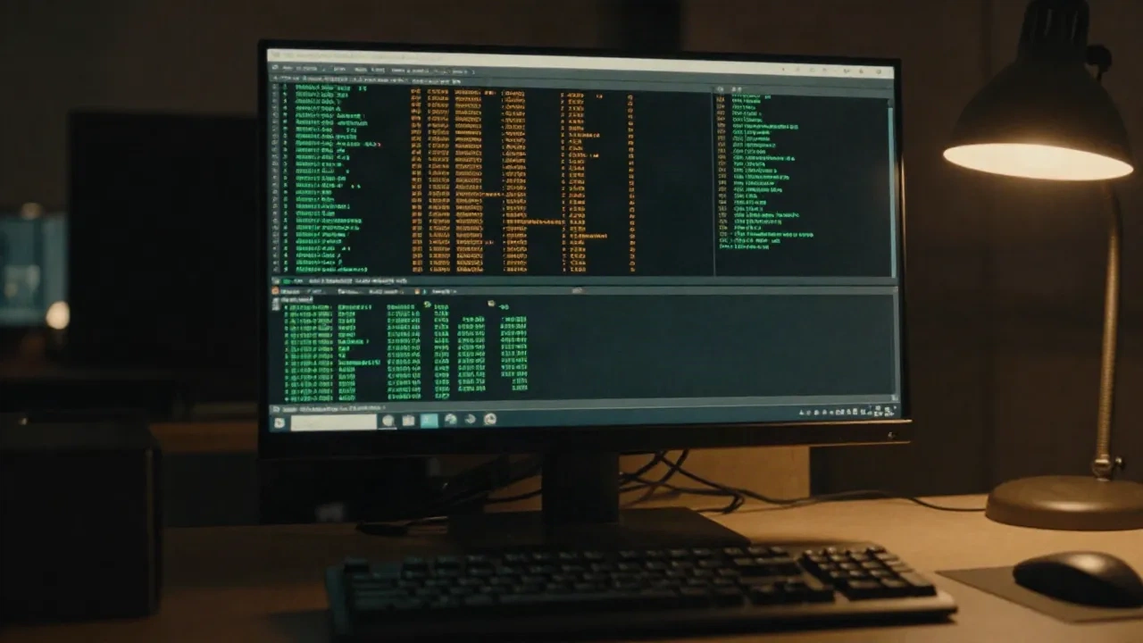Monitor mostrando registros de autenticación de correo en un escritorio de desarrollador de noche