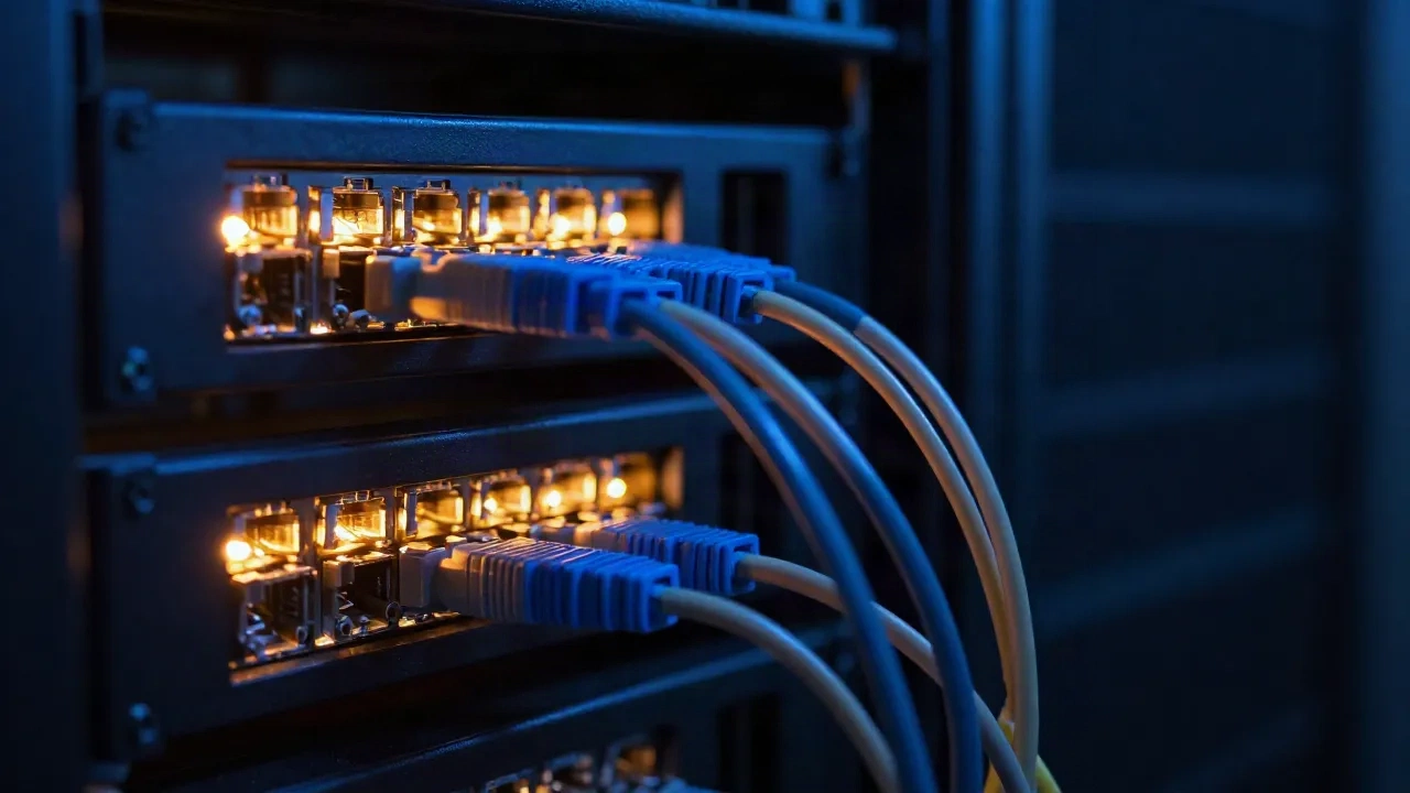 Server-Rack mit Glasfaserkabeln in einem dunklen Datencenter, E-Mail-Infrastruktur-Visualisierung