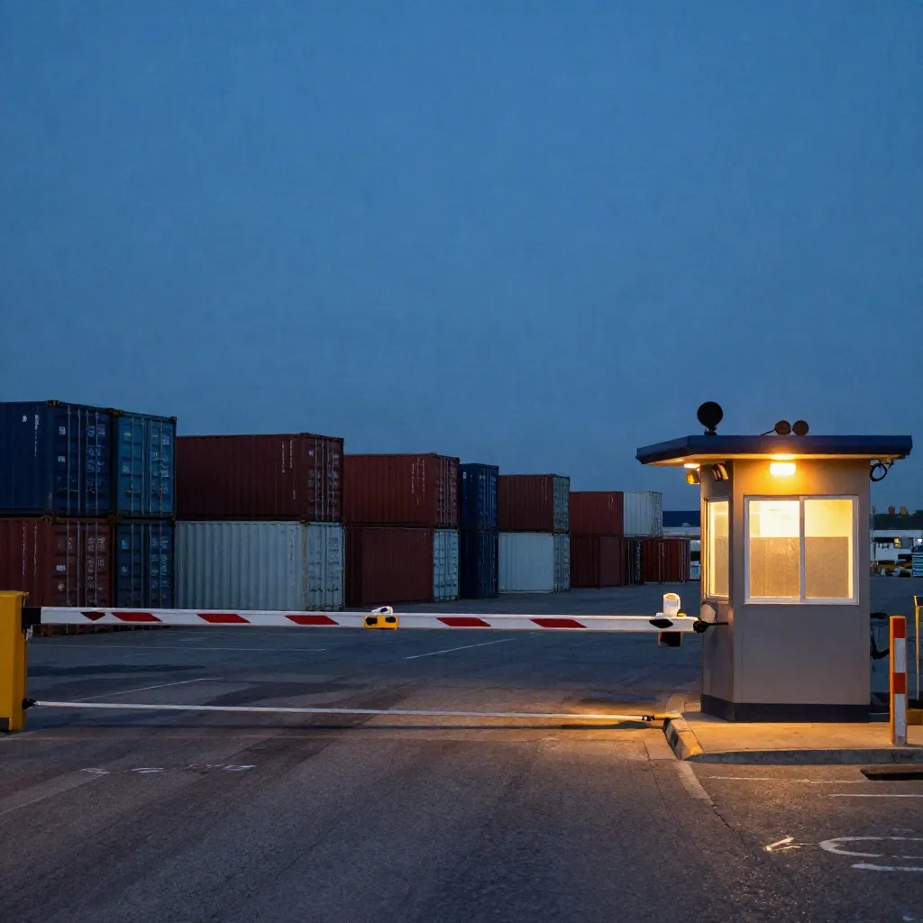Lowered customs barrier at a harbor container yard at dusk
