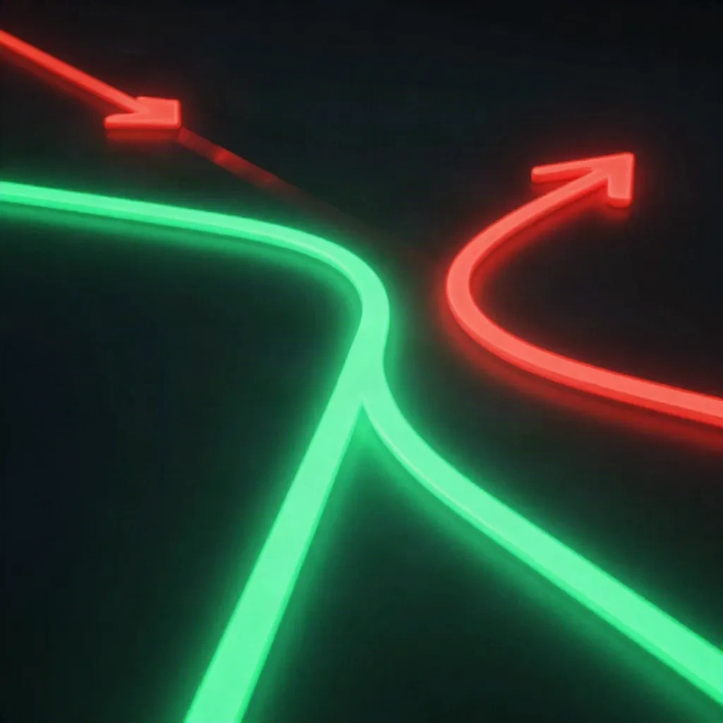 Abstract network routing paths diverging, one path connected, one returning as a bounce