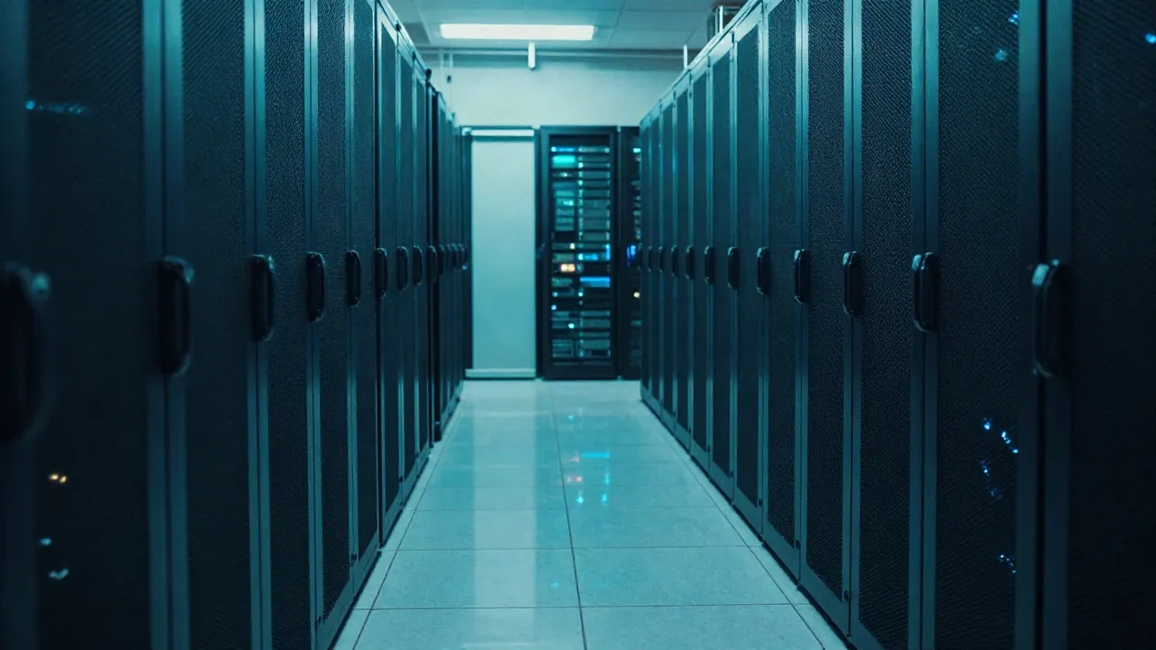 Rows of server racks in a dark data center aisle lit by teal LEDs