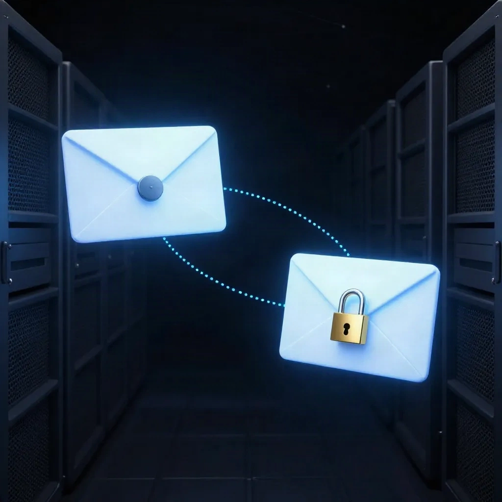 Due buste digitali protette con lucchetto che rappresentano email DKIM firmate in transito