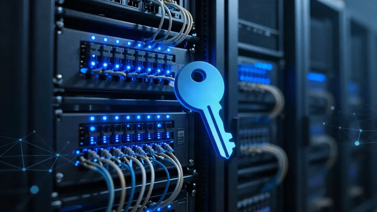 Server-Rack in einem Rechenzentrum mit kryptografischem Schlüsselsymbol, das die DKIM-E-Mail-Authentifizierung repräsentiert