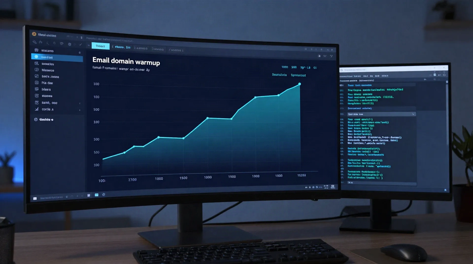Dashboard im Dark Mode mit einer E-Mail-Domain-Aufwärmungs-Rampe, die von 50 auf 100.000 Versände pro Tag ansteigt