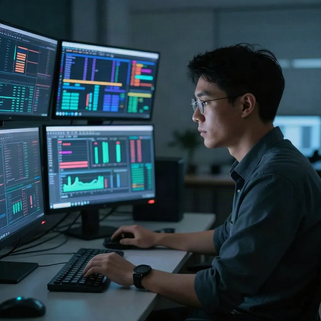 Engineer monitoring email delivery metrics on multiple screens in a server operations center
