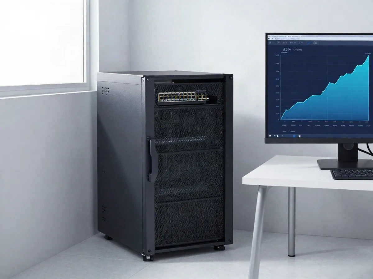 Server-Rack neben Monitor mit aufsteigendem API-Send-Throughput-Graphen