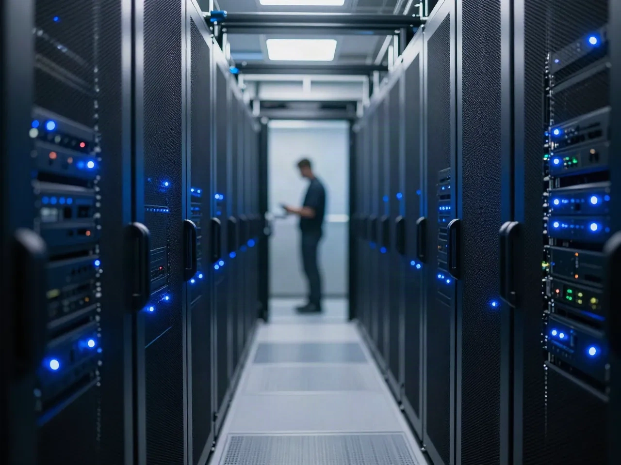 Serverrack-Gang mit blauen Statusleuchten als Sinnbild für E-Mail-Infrastruktur