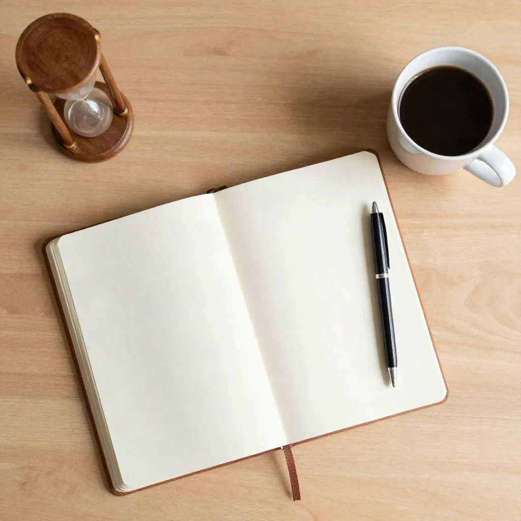 Open blank notebook with an hourglass timer and coffee on a wooden desk