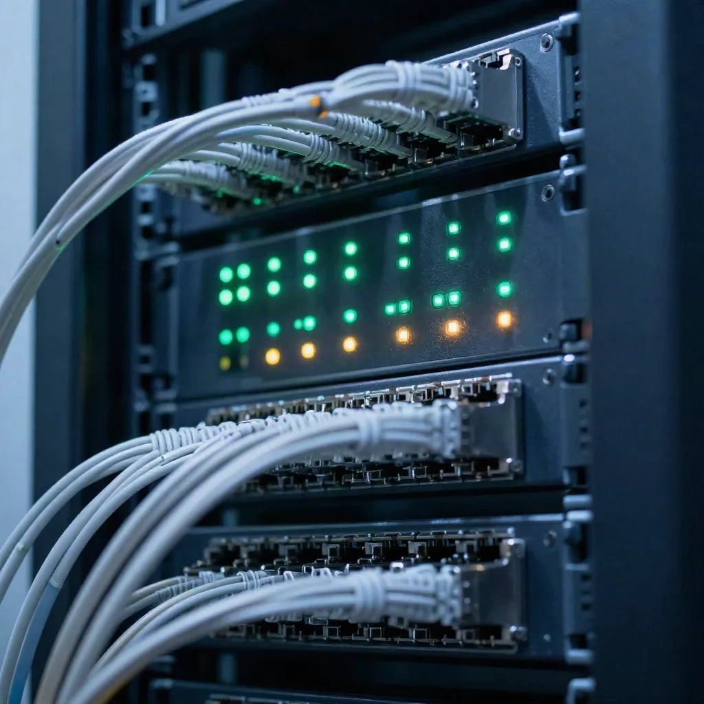 Network rack with patch cables and green and amber status LEDs