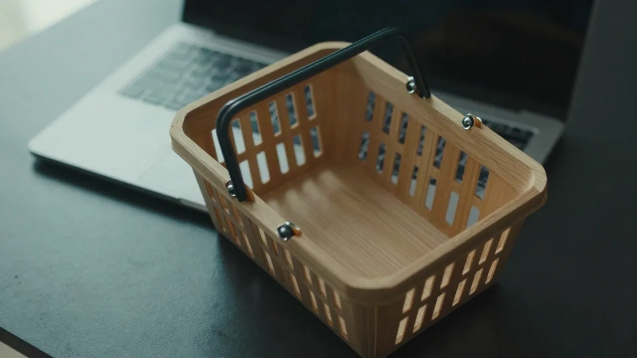Pusty drewniany koszyk obok laptopa na ciemnym biurku