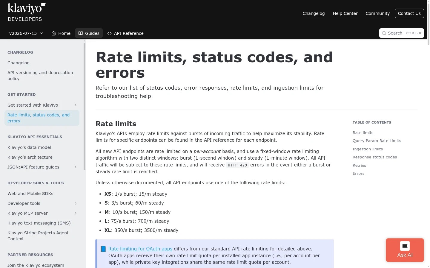 Page docs développeur Klaviyo, limites taux listing tiers XS à XL