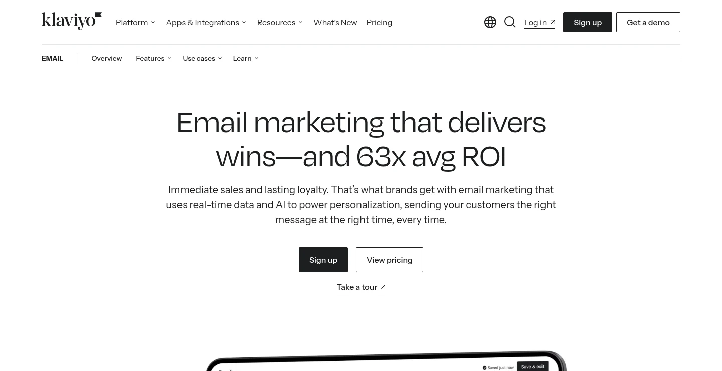 Page produit email marketing Klaviyo, octobre 2026