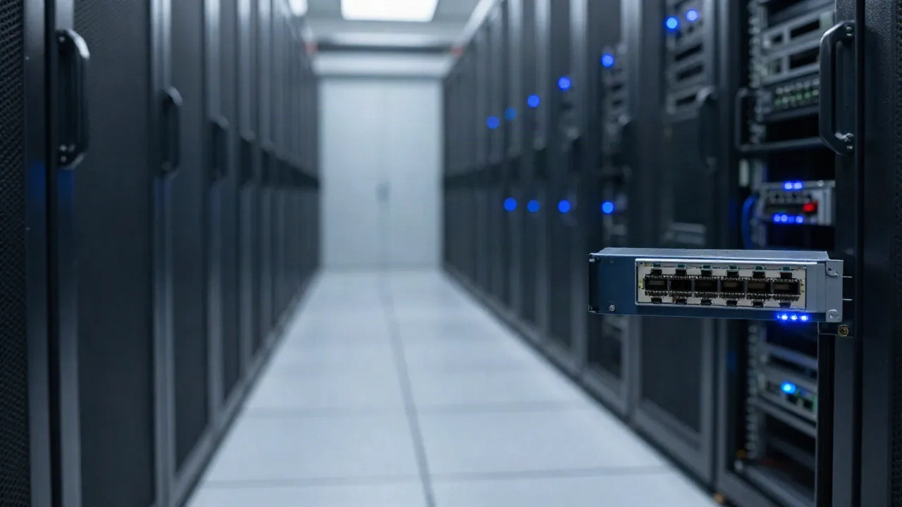 Serverraum-Korridor mit Netzwerkracks und einem Patchpanel im Fokus