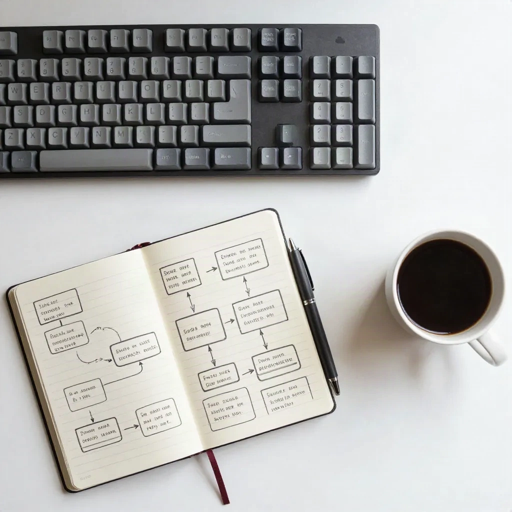 Carnet avec un organigramme dessiné à la main à côté d'un clavier et d'un café