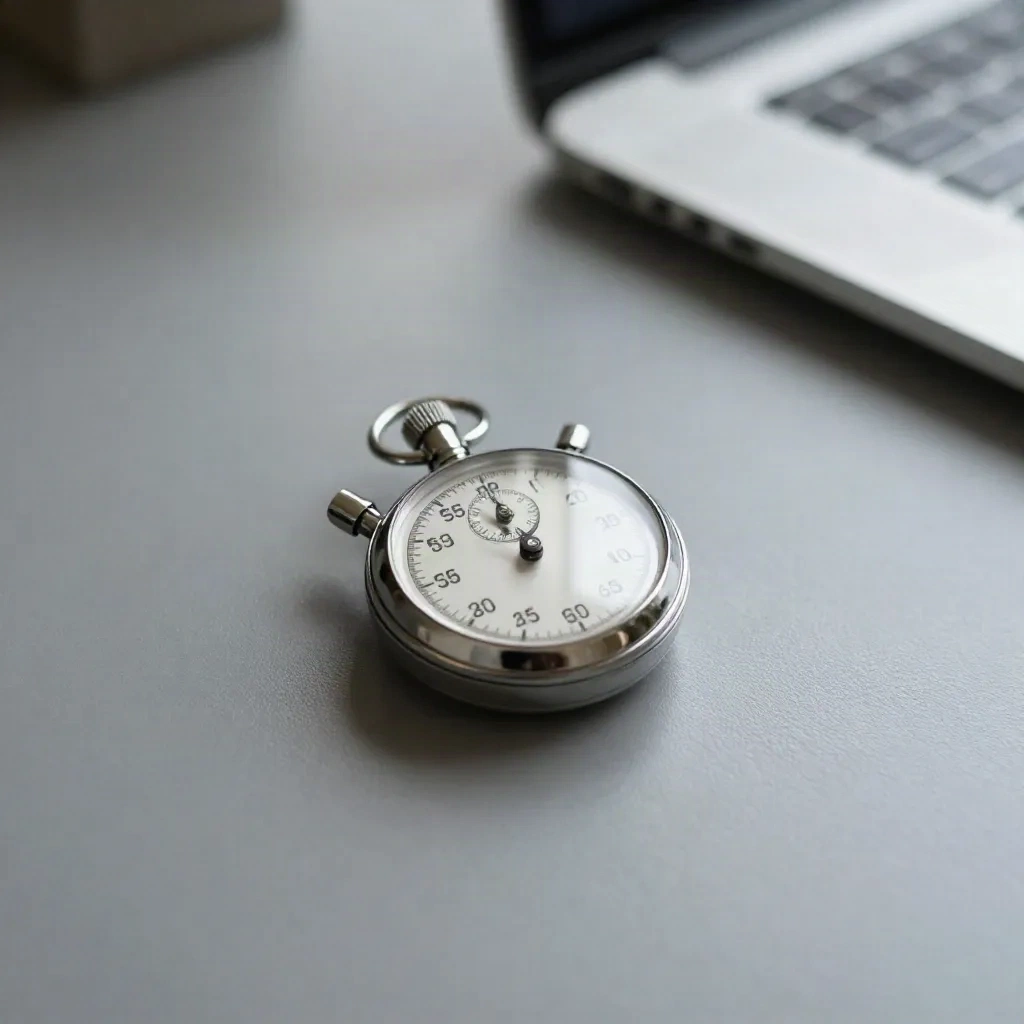 Steel stopwatch on a grey desk beside a laptop