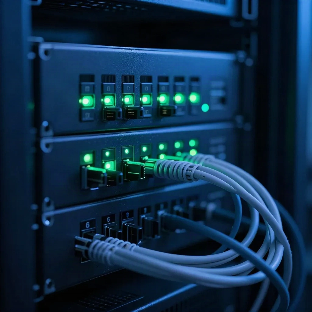 Server rack with green status lights and network cables