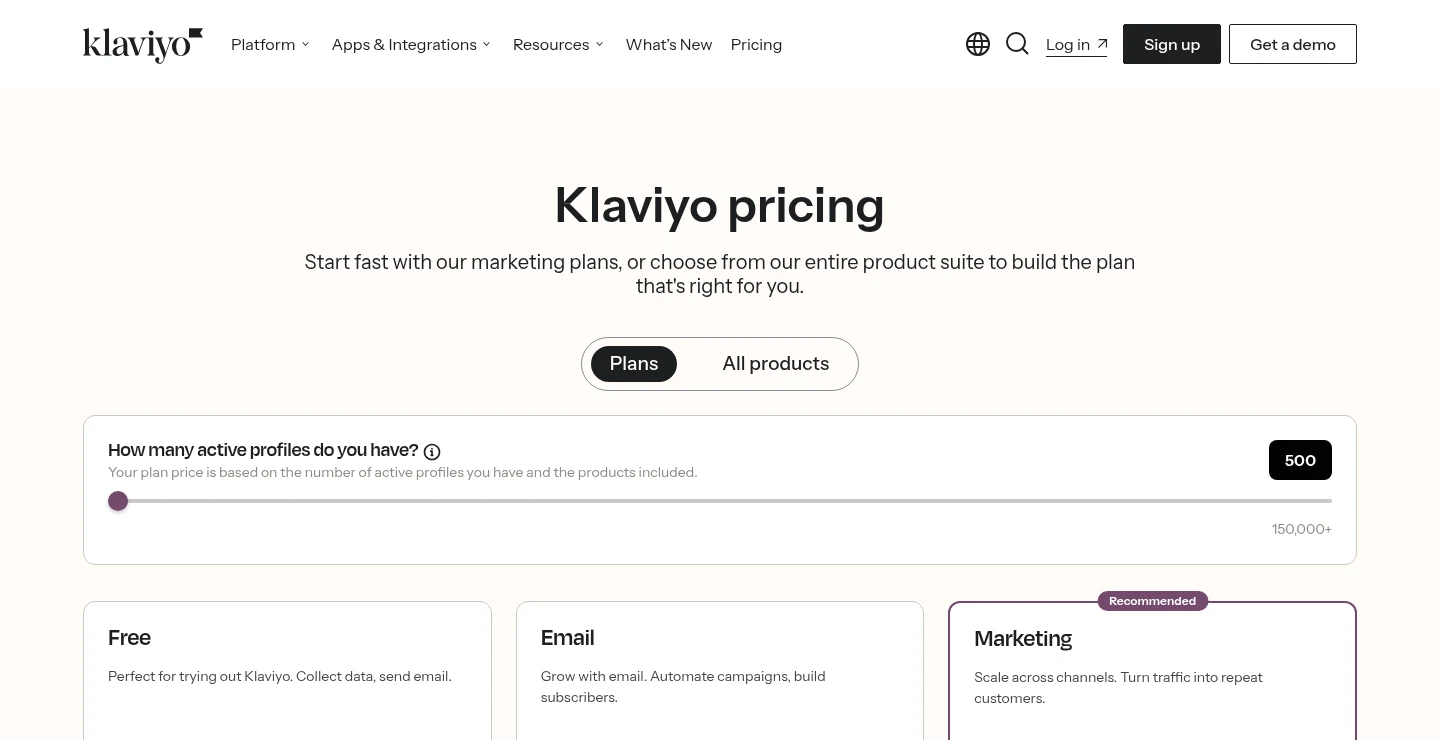 Page tarification Klaviyo, curseur à 500 profils actifs, avec plans Gratuit, Email et Marketing