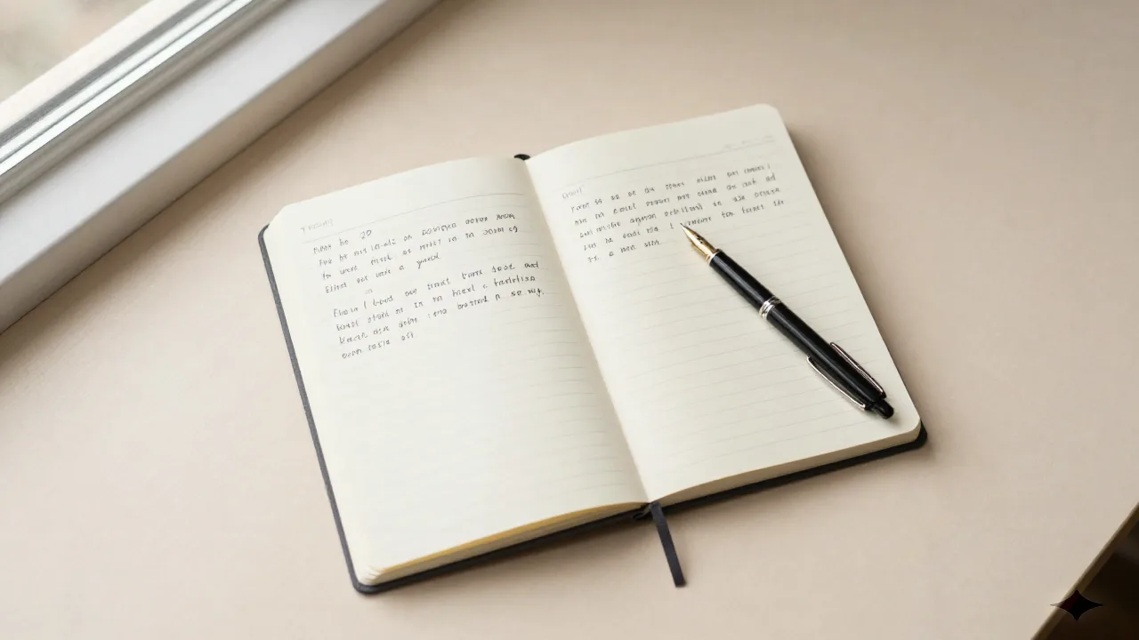 Professional notebook with handwritten notes and fountain pen on a clean workspace desk