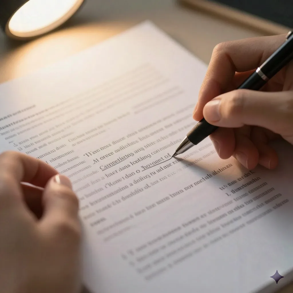 Close-up of hands marking key details in a printed professional document