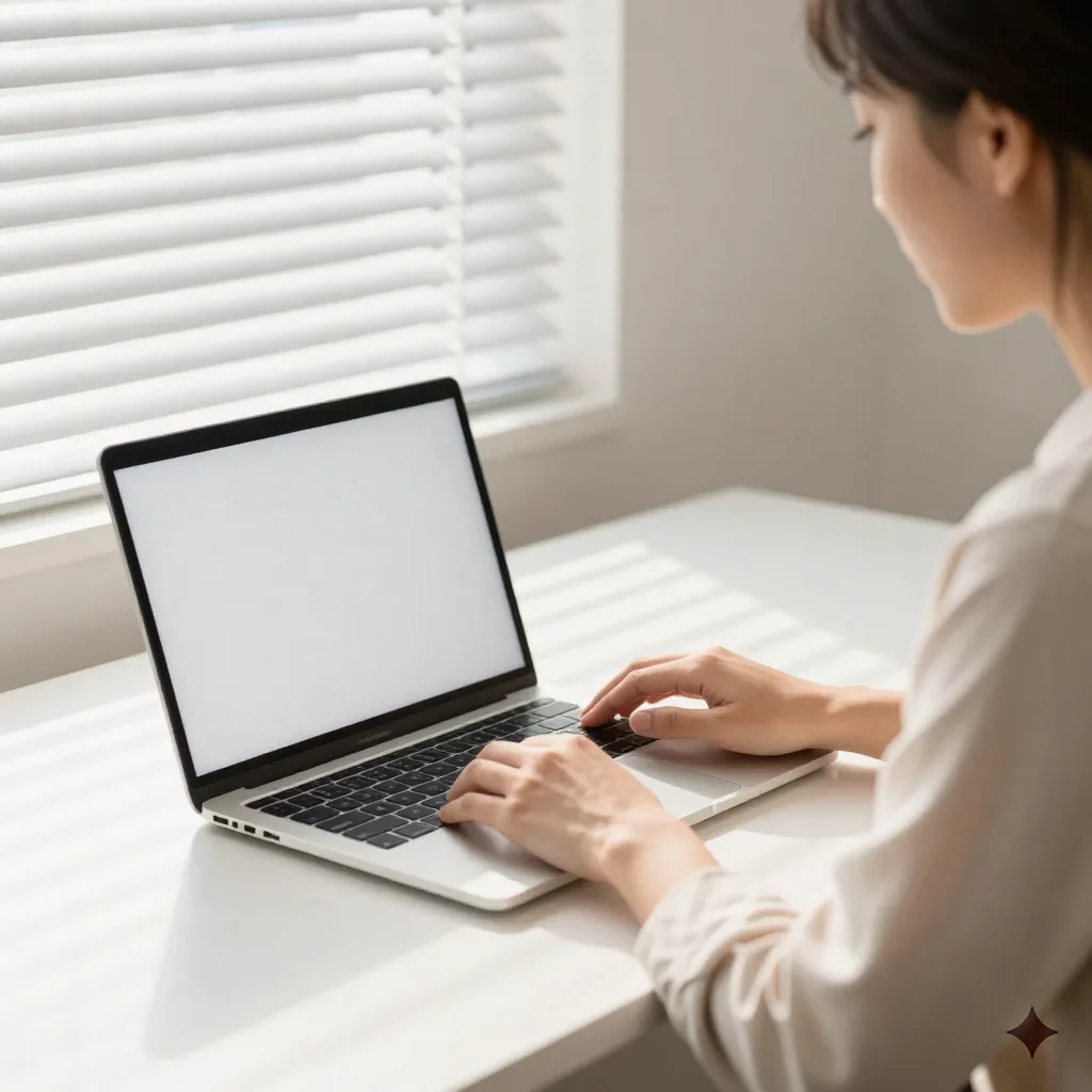 Professional at a clean desk reviewing documents on a laptop, natural afternoon light