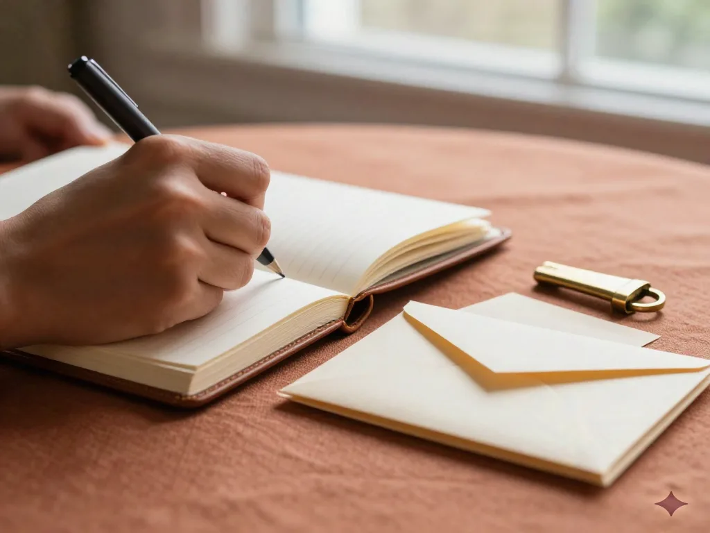 Close-up of a hand writing in a notebook beside a stack of envelopes