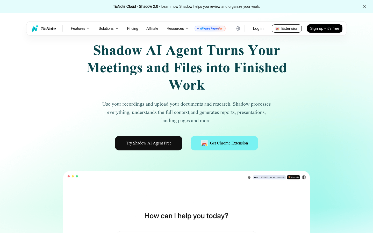 TicNote Shadow AI agent feature page showing file-to-deliverable generation