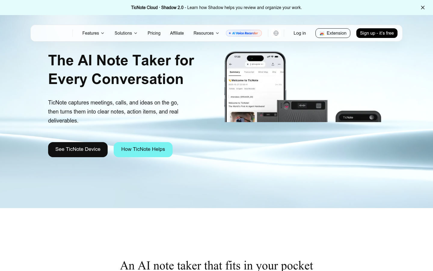 TicNote homepage showing the AI note taker hardware and hero messaging