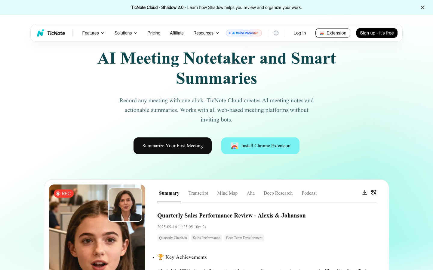 TicNote Cloud meeting summary interface showing AI-generated notes with key achievements and growth areas