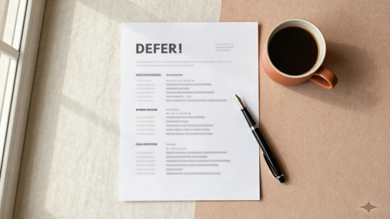 Printed resume page with a pen resting across it and a cup of coffee on a linen desk