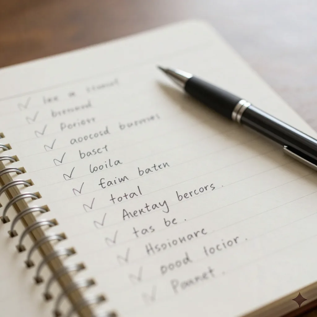 Handwritten checklist notes in a spiral notebook after a meeting