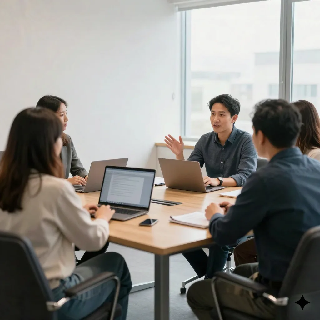 Small team meeting around a table discussing next steps