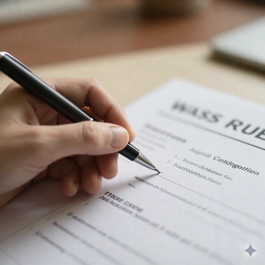 Close-up of a hand circling a line on a printed resume with a pen